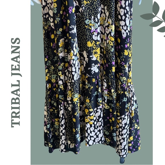 Tribal Jeans Floral Print Maxi Dress Back Elastic Smocking Black Yellow Size XS - Picture 11 of 14